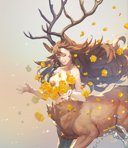 animal_ears antlers breasts brown_body brown_fur brown_hair casual_nudity eyes_closed featureless_breasts female flower fur hair horn long_hair medium_breasts nude nude_female nude_taur plant solo split_form tan_body tan_fur mullmull deer deer_taur humanoid_taur mammal mammal_taur taur