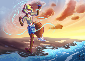 beach blue_eyes bottomwear brown_body brown_fur clothing fur orange_body orange_fur paper_airplane papercraft playing running scar shorts smile solo white_body white_fur raunchyhaunches aldyn_farroway canid canine fox mammal red_fox true_fox absurd_res hi_res
