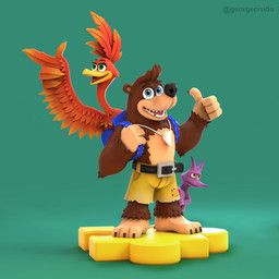 3_toes 4_fingers amber_eyes anthro backpack beak belt black_nose blue_eyes bottomwear brown_body brown_claws brown_fur claws clothed clothing eyelashes feather_hands feathers feet fingers fur gesture green_background green_eyes group hand_gesture jewelry looking_at_viewer necklace open_mouth open_smile orange_body orange_feathers patch_(fabric) pointing purple_body shorts simple_background smile standing thumbs_up toes topless yellow_beak george_crudo banjo-kazooie rareware banjo_(banjo-kazooie) kazooie avian bear bird breegull jinjo mammal 1:1 2019 3d_(artwork) digital_media_(artwork) hi_res watermark