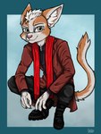 4_fingers anthro clothing coat fingers fur green_eyes grey_body grey_fur hair male orange_body orange_fur red_scarf scarf solo topwear white_hair ziegelzeig bad_guy_cafe creighton_bijou_(opifexcontritio) domestic_cat felid feline felis mammal hi_res