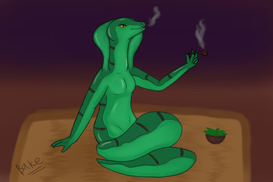 anthro apode blowing_smoke bowl breasts carpet container drugs featureless_breasts female green_body green_scales herbs holding_object holding_pipe legless looking_up marijuana non-mammal_breasts nude pipe purple_background scales serpentine simple_background sitting smoke smoke_from_mouth smoking smoking_pipe solo stripes yellow_eyes bake_a_snake draconcopode naga hi_res