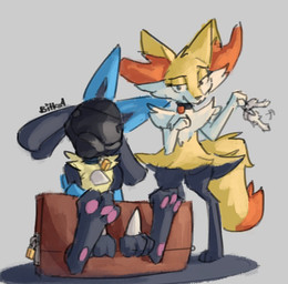 ambiguous_gender anthro bdsm bdsm_gear blindfold bound choker collar duo feet hood jewelry key lock mask necklace padlocked_collar pawpads paws pink_pawpads restraints simple_background soles stocks taunting trapped b1tk4t nintendo pokemon braixen generation_4_pokemon generation_6_pokemon lucario pokemon_(species)