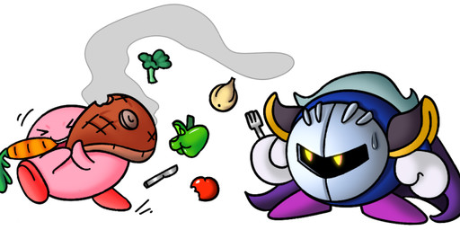 beef bell_pepper broccoli carrot cutlery duo eating eyes_closed food fork fruit kitchen_utensils knife male meat not_furry onion pepper_(fruit) plant steak tools vegetable yellow_eyes unknown_artist kirby_(series) nintendo kirby meta_knight waddling_head