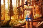 abs anthro athletic axe blue_eyes boxers_(clothing) chest_tuft clothed clothing detailed_background felling_axe finnish_flag forest fur lumberjack male melee_weapon muscular muscular_anthro plant solo text topless tree tuft underwear weapon 7theaven zigzagg mammal procyonid raccoon digital_media_(artwork) url