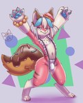 anthro bangs blue_pawpads brown_ears brown_stripes bulge clothed clothing crossdressing dessert doughnut dwarfism femboy food fur hair hands_in_air kemono male pastry pawpads paws pink_body pink_fur semi-anthro smile sparklefur sprinkles sprinkles_in_fur sprinkles_on_face sprinkles_on_tail stripes tail teapot_(body_type) white_hair wide_hips misterdonut meme_clothing yuio_maid_dress donut_(misterdonut) canid canine canis domestic_dog food_creature mammal hi_res meme