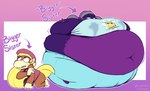 anthro belly big_belly big_breasts blonde_hair blue_clothing blueberry_inflation bodily_fluids breasts clothing duo female hair hue_belly inflation lactating lactating_through_clothing overweight text unusual_bodily_fluids unusual_lactation wet wet_clothing lowkey donkey_kong_(series) nintendo dixie_kong tiny_kong haplorhine mammal monkey primate 2022 hi_res