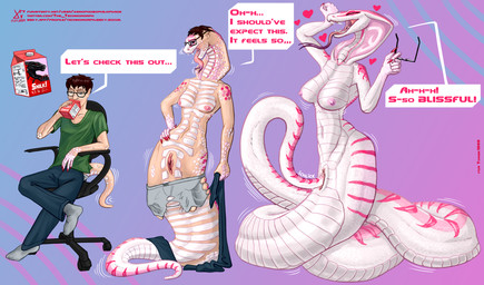 abstract_background anthro apode areola big_breasts blue_bottomwear blue_clothing blue_pants bottomwear breast_growth breasts chair clothing container ear_regression euphoria eyewear fangs female footwear forked_tongue furniture gender_transformation genitals glasses green_clothing green_shirt green_t-shirt green_topwear grey_clothing grey_footwear grey_socks growth hair_regression hand_on_chair hand_on_hip human_to_anthro legless limb_regression male masturbation milk_carton milk_container motion_lines mtf_transformation non-mammal_breasts office_chair pants penis_to_vagina_tf pink_areola pink_body pink_scales pink_stripes pink_vulva purple_tongue scale_growth scales serpentine sharp_teeth shirt snake_hood snout snout_growth socks solo species_transformation speech_bubble square_speech_bubble striped_body stripes t-shirt tail tail_fetish tail_growth tail_masturbation tail_play taking_off_glasses teeth text tongue tongue_growth topwear torn_clothing transformation transformation_sequence transformation_through_food vulva wearing_glasses white_body white_scales xenthetechnomorph tomek1000_(character) xen_(xenthetechnomorph) draconcopode human mammal naga reptile scalie snake snake_naga 2025 absurd_res dated english_text hi_res signature