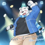 anthro black_nose blush bottomwear clothing electronics humanoid_hands kemono male microphone one_eye_closed pants scarf shirt slightly_chubby solo text topwear white_body wink yaki_atsuage utau shirane_kan bear mammal polar_bear ursine 1:1 2024 english_text hi_res