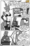 2:3 absurd_res anthro bandai_namco bikini breasts camel_toe canid clothing comic couldnotparseline dialogue digimon digimon_(species) dressing_up duo english_text female garter_belt garter_straps hi_res human human_on_anthro interspecies legwear lingerie male male/female mammal one-piece_swimsuit renamon sling_bikini speech_bubble stockings store_clerk swimwear text thong two-piece_swimsuit underwear