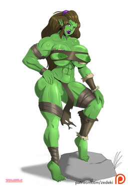 abs bandeau big_breasts bottomwear breasts brown_hair clothing ear_piercing eyeshadow female genitals green_body green_skin hair humanoid_pointy_ears lips loincloth makeup muscular muscular_female muscular_humanoid nipples not_furry patreon_logo piercing pointy_ears rock simple_background solo text thick_lips topwear torn_clothing tusks vulva white_background yellow_eyes zedeki patreon humanoid orc 2019 hi_res url
