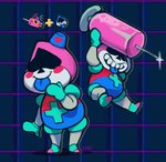 abstract_background clothing fusion hat headgear headwear holding_object jumping male multicolored_body red_cross smile solo standing syringe tongue tongue_out ketrindarkdragon deltarune undertale_(series) lancer_(deltarune) ambyu-lance darkner humanoid signature