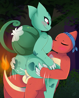 4_fingers anthro balls blush bodily_fluids breast_play breast_suck breasts claws cowgirl_position cum cum_in_vagina cum_inside duo eyes_closed female female_on_top female_penetrated finger_claws fingers fire flaming_tail forest from_front_position genital_fluids genitals green_body green_scales hand_on_butt kerchief male male/female male_penetrating male_penetrating_female motion_lines narrowed_eyes night on_bottom on_top penetration plant red_body scales sex sucking tail tree vaginal vaginal_penetration e-01 nintendo pokemon eddy_(includefireio) bulbasaur charmeleon generation_1_pokemon pokemon_(species) hi_res