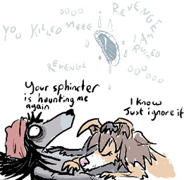 after_sex anthro anus beanie beanie_only black_hair clothing constricted_pupils countershade_face countershading dialogue disembodied_anus duo eyelashes eyes_closed female fur gaping gaping_anus grey_body grey_fur hair hat hat_only headgear headgear_only headwear headwear_only humor male mostly_nude mostly_nude_anthro mostly_nude_male nude nude_anthro nude_female pupils small_pupils tan_body tan_fur text wide_eyed cormorant_(artist) boss_(dimwitdog) dimmi_(dimwitdog) canid canine canis domestic_dog mammal aliasing binary_drawing digital_drawing_(artwork) digital_media_(artwork) english_text low_res