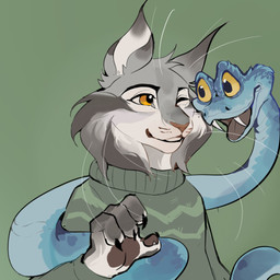 anthro blue_body blue_scales clothed clothing duo ear_tuft fangs feral fur green_background green_clothing green_sweater green_topwear grey_body grey_fur male open_mouth open_smile pawpads scales simple_background smile sweater teeth topwear tuft whiskers yellow_eyes osse1n disney zootopia gary_de'snake pawbert_lynxley felid feline lynx mammal pit_viper reptile scalie snake viper 1:1 2025 digital_media_(artwork) hi_res