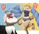 alternate_species angry big_breasts blonde_hair blue_eyes blue_hair blush body_swap bottomwear bouncing_breasts breast_size_swap breasts clothing confusion dress embarrassed erect_nipples exclamation_point feet female glistening glistening_body glistening_skin hair happy head_swap long_ears monster_girl_(genre) nipples question_mark shorts simple_background talons teeth toes transformation wings yellow_eyes kuro-bee european_mythology greek_mythology monster_musume mythology centorea_shianus_(monster_musume) papi_(monster_musume) avian centaur equid equid_taur harpy humanoid_taur mammal mammal_taur mythological_avian mythological_creature taur 2023 digital_media_(artwork) hi_res