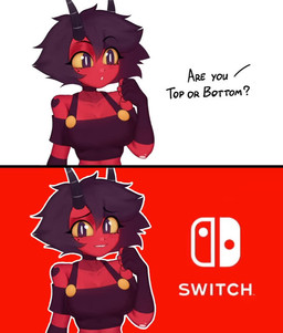 2_horns clothing female handwear horn looking_at_viewer red_body red_skin solo text yellow_sclera amadeen conditional_dnp hellaverse helluva_boss nintendo nintendo_switch millie_(helluva_boss) humanoid animated english_text meme no_sound short_playtime video