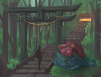ambiguous_gender backpack building clothing feral flower forest grass green_body group hat headgear headwear looking_up outside plant smile stairs torii tree vines beingobscene nintendo pokemon bulbasaur elemental_creature flora_fauna generation_1_pokemon human mammal oddish pokemon_(species) venusaur 2025 digital_media_(artwork)