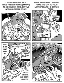 anthro dialogue duo ear_piercing floppy_ears hacking male piercing text transformation tusks billy_fore spire_(malyrn) lagomorph leporid mammal rabbit suid suine sus_(pig) black_and_white comic english_text hi_res monochrome