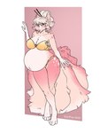 accessory anthro belly big_belly breasts chest_tuft claws cleavage clothed clothing cream_hair crossed_legs female flower fur glistening glistening_belly hair hair_accessory hair_bun hair_sticks hand_on_tail inner_ear_fluff leaning_on_wall looking_at_viewer markings multi_tail navel outie_navel pink_body pink_fur pink_nose plant pregnant pregnant_anthro pregnant_female solo spots spotted_markings standing swimwear tail teal_eyes thick_thighs tuft two-piece_swimsuit karipup nintendo pokemon sasha_valiski canid canine fox fox_spirit generation_1_pokemon mammal ninetales pokemon_(species) 2025 3:4 absurd_res hi_res