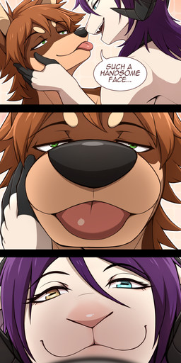 5_fingers anthro biped brown_body brown_fur brown_hair dialogue duo ear_piercing ear_ring eye_contact fingers fur green_eyes hair heterochromia horn looking_at_another male nude nude_anthro nude_male piercing purple_hair ring_piercing simple_background smile speech_bubble teeth text tongue white_body white_fur seyumei keith_(seyumei) sky_(seyumei) bovid canid canine canis caprine dobermann domestic_dog goat mammal pinscher 2026 comic digital_drawing_(artwork) digital_media_(artwork) english_text hi_res