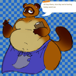 anthro apron apron_only belly big_belly blue_background blue_eyes brown_body brown_fur checkered checkered_background clipboard clothed clothing countershade_torso countershading dialogue facial_markings fur gloves_(marking) greeting head_markings header_box holding_clipboard holding_object holding_pencil lidded_eyes looking_at_viewer love_handles male markings mask_(marking) moobs mouthless navel obese obese_anthro obese_male overweight overweight_anthro overweight_male pattern_background pencil_(object) simple_background solo speech_bubble standing tail talking_to_viewer tan_body tan_fur text topless topless_male wide_hips cococram animal_crossing nintendo tom_nook_(animal_crossing) canid canine mammal raccoon_dog tanuki 1:1 2026 absurd_res character_name colored_sketch digital_drawing_(artwork) digital_media_(artwork) english_text hi_res portrait sketch three-quarter_portrait