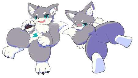 3_toes anthro bite butt digitigrade feet fur grey_body grey_fur inner_ear_fluff lightning_bolt looking_at_viewer looking_back male multicolored_body notched_ear open_mouth presenting presenting_hindquarters simple_background solo tail tail_bite tail_in_mouth toes tuft two_tone_body tawa_1908 opto canid canine canis mammal wolf 2024 absurd_res hi_res