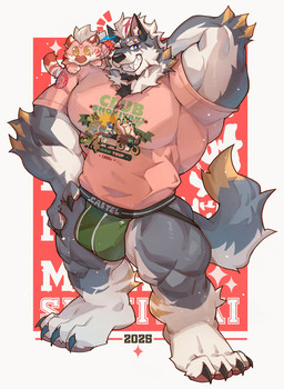 anthro barazoku black_facial_hair black_hair blue_eyes border cheek_scar chibi claws clothing eye_scar facial_hair facial_scar finger_claws fur goatee green_clothing green_jockstrap green_underwear grey_body grey_fur hair hand_behind_head highlights_(coloring) jockstrap leg_markings male markings multicolored_body multicolored_fur muscular muscular_male pawpads pink_body pink_clothing pink_fur pink_shirt pink_topwear print_clothing print_shirt print_t-shirt print_topwear red_background red_highlights scar shirt simple_background smile socks_(marking) solo striped_body striped_fur stripes t-shirt tail toe_claws topwear underwear white_body white_border white_fur white_hair yellow_body yellow_eyes yellow_fur kasudachan cameo_(abioticmeat) castel_(kasudachan) canid canine canis felid mammal pantherine tiger wolf 2025 dated hi_res