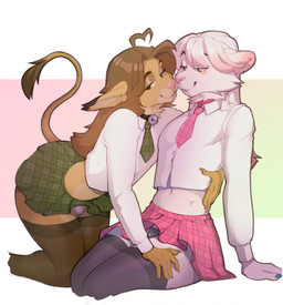 5_fingers anthro bedroom_eyes bell bell_collar blue_eyes blue_fingernails blue_nails bottomwear brown_hair brown_tail_tip chastity_cage chastity_device cheek_tuft clothed clothing collar collared_shirt colored_nails crop_top crossdressing dipstick_tail dress_shirt duo ear_markings facial_tuft femboy fingernails fingers fur genitals gradient_background green_bottomwear green_clothing green_eyes green_necktie green_plaid green_skirt hair legwear long_hair looking_at_another looking_at_viewer male markings metal_chastity_cage midriff miniskirt multicolored_hair nails narrowed_eyes navel neck_tuft necktie nub_chastity_cage pattern_bottomwear pattern_clothing pattern_necktie pattern_skirt pink_bottomwear pink_clothing pink_collar pink_hair pink_necktie pink_nose pink_plaid pink_skirt plaid plaid_bottomwear plaid_clothing plaid_necktie plaid_skirt raised_tail seductive shirt simple_background skirt stockings tail tail_markings tail_tuft tan_body tan_fur topwear tuft two_tone_hair white_background white_body white_clothing white_crop_top white_dress_shirt white_fur white_hair white_topwear meheheehehe kiro-kat_(character) kyra_(cadray) felid lion mammal pantherine hi_res