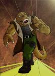 abs anthro athletic belt biceps big_muscles biped boots bottomwear brown_body brown_skin claws clothed clothing coat fangs footwear fully_clothed jacket male muscular muscular_anthro muscular_male open_mouth pants pecs pose scales shirt shoes solo standing tail teeth tongue topwear vein vest ridleydupree extreme_dinosaurs t-bone_(extreme_dinosaurs) dinosaur prehistoric_species reptile scalie theropod tyrannosaurid tyrannosauroid tyrannosaurus tyrannosaurus_rex hi_res