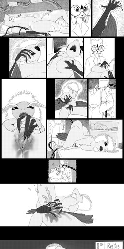 anthro big_breasts biped bodily_fluids breast_squish breasts clothing coat dripping duo ejaculation excessive_genital_fluids excessive_vaginal_fluids feathers female fingering fingering_self genital_fluids genitals holding_breast lab_coat looking_pleasured masturbation nipple_fetish nipple_pinch nipple_play nipples nude pinch solo squish text topwear vaginal vaginal_fingering vaginal_fluid_drip vaginal_fluids vaginal_masturbation vaginal_squirting vulva realius aquatic arthropod avian bird chimera corvid corvus_(genus) crow domestic_cat felid feline felis fish insect lepidopteran mammal moth oscine passerine shark absurd_res black_and_white comic english_text hi_res monochrome multiple_images