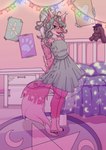 anthro barefoot bed bedroom blue_eyes bow_ribbon clothed clothing dress fangs feet female fur fur_markings furniture green_clothing green_dress green_hair hair hands_behind_back looking_at_viewer markings pink_body pink_fur pink_nose smile solo sparkles sprinkles string_lights teeth nekopumpkin kiki_(nekopumpkin) canid canine canis fox mammal absurd_res hi_res