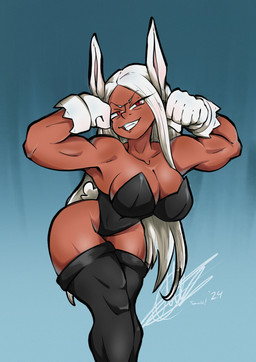 5_fingers biceps big_breasts biped black_clothing black_legwear black_leotard black_thigh_highs blue_background breasts brown_body brown_skin cleavage clothed clothed_female clothed_humanoid clothing collarbone dark_body dark_skin deltoids eyebrows female female_humanoid fingers fist flexing flexing_bicep flexing_both_biceps gloves grin hair handwear leaning leaning_forward legwear leotard long_hair looking_at_viewer muscular muscular_female muscular_humanoid narrowed_eyes pink_inner_ear pupils quads red_eyes simple_background small_waist smile solo standing strapless_clothing strapless_leotard thick_thighs thigh_highs white_clothing white_ears white_eyebrows white_gloves white_hair white_handwear wide_hips tomaruchi my_hero_academia rumi_usagiyama animal_humanoid humanoid lagomorph lagomorph_humanoid leporid_humanoid mammal mammal_humanoid rabbit_humanoid 2024 absurd_res dated hi_res portrait signature three-quarter_portrait