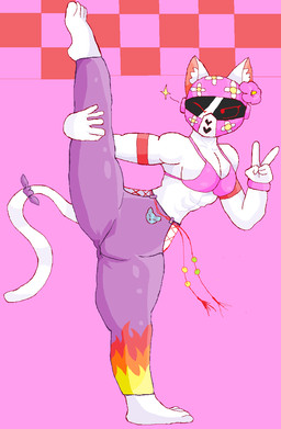 abs anthro armor armwear barefoot bra breasts clothing feet female flower fur headgear helmet legwear one_eye_closed plant raised_leg solo spread_legs spreading star underwear white_body white_fur wink wristband cool_cola eve_(cool_cola) domestic_cat felid feline felis mammal hi_res