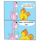 anthro big_muscles bottomless clothed clothing dialogue duo fur genitals male muscular muscular_anthro muscular_male open_mouth penis pink_body pink_fur simple_background size_difference smile teeth text tongue topless yellow_body conditional_dnp erobos animal_crossing nintendo roz_(erobos) sheldon_(animal_crossing) domestic_cat felid feline felis mammal rodent sciurid 2020 absurd_res comic english_text hi_res