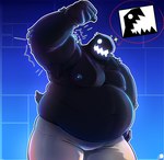 2024 anthro biped black_body black_fur fur geometry_dash hi_res looking_at_viewer male monster_(geometry_dash) moobs overweight overweight_anthro overweight_male robloxfan75000 shirtless_anthro shirtless_male solo white_eyes