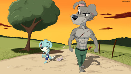 abs afternoon anthro biceps black_nose blue_body blue_fur bruised clothing dirt_road duo evening fence feral field fluffy fluffy_tail forest forest_background fur grass grey_body grey_fur hill katana male martial_art_pants melee_weapon midwest muscular muscular_anthro muscular_male pecs plant scabbard scar scars_on_chest scratch shirtless shirtless_male sky sunset sword tail tree weapon kenthenugget ken_(crescent_blue) scamp_(crescent_blue) canid canine canis domestic_dog hybrid mammal miniature_schnauzer mixed_breed schnauzer wolf 16:9 2025 absurd_res hi_res widescreen father_(lore) father_and_child_(lore) father_and_son_(lore) parent_(lore) parent_and_child_(lore) parent_and_son_(lore) son_(lore)