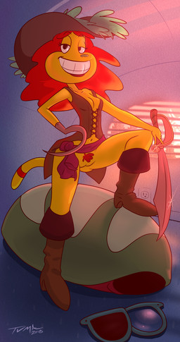 amputee anthro bedroom_eyes boots bottomless breasts cleavage clothed clothing corset costume disability dominant dominant_female duo female footwear fur genitals grin hair half-closed_eyes hat headgear headwear holidays hook lingerie lipstick long_hair looking_at_viewer makeup male male/female markings melee_weapon narrowed_eyes pirate pubes red_hair seductive shoes smile step_pose striped_markings striped_tail stripes sword tail tail_markings topwear vulva weapon yellow_body yellow_fur tvma halloween nickelodeon rocko's_modern_life dr._hutchison filburt_shellbach domestic_cat felid feline felis mammal reptile scalie turtle 2018 hi_res