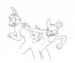 anthro ass_to_ass conjoined conjoined_at_butt duo fight male stuck_together theyton lagomorph leporid mammal mouse murid murine rabbit rodent hi_res monochrome