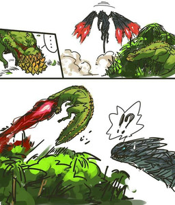 ambiguous_gender blue_eyes bodily_fluids duo dust_cloud ellipsis exclamation_point flying green_body green_scales grey_body grey_scales humor interrobang question_mark scales simple_background sweat sweatdrop white_background unknown_artist capcom monster_hunter brute_wyvern deviljho elder_dragon monster scalie valstrax comic digital_drawing_(artwork) digital_media_(artwork) shaded