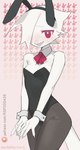 abstract_background anthro beak blush bow_(feature) bow_in_front bow_tie breasts bunny_costume clothing costume cuffs_(clothing) fake_ears fake_rabbit_ears female hair legwear non-mammal_breasts pantyhose short_hair small_breasts solo white_body kaltespur avian bird absurd_res hi_res