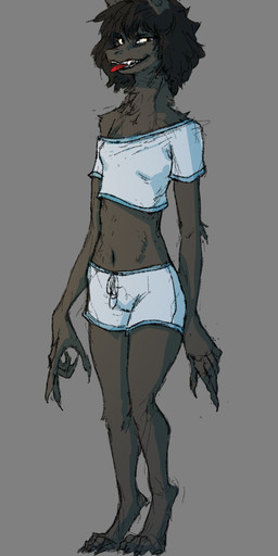 3_toes 5_fingers anthro biped black_hair blouse bottomwear claws clothed clothed_anthro clothed_female clothing digitigrade feet female female_anthro finger_claws fingernails fingers fur grey_background grey_body grey_ears grey_fur hair long_arms long_fingernails long_fingers looking_at_viewer midriff nails navel open_mouth red_tongue shorts simple_background solo standing teeth three-quarter_view toe_claws toes tongue tongue_out topwear 4chan_anon unknown_artist missy_(napalm_express) mammal monster wolficus 2025 colored_sketch digital_drawing_(artwork) digital_media_(artwork) full-length_portrait portrait sketch