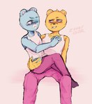 anthro blue_body bottomwear clothing duo humanoid_hands male male/male pants shirt sitting topwear yellow_body zountgor unicorn_wars azulin_(unicorn_wars) coco_(unicorn_wars) bear mammal 2023 hi_res