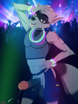 anthro assless_shorts balls bodily_fluids bottomwear chaps clothed clothing ear_piercing erection facial_piercing fishnet_clothing fishnet_topwear fur genital_fluids genitals glow_bracelet glow_necklace glow_ring glow_rings glowing hair humanoid_genitalia humanoid_penis leaking leaking_penis leaking_precum lip_piercing looking_at_viewer male nightclub open_mouth penis piercing precum shirt simple_background smile solo tail teeth topwear dustin_c sly_cooper_(series) sony_corporation sony_interactive_entertainment sucker_punch_productions sly_cooper mammal procyonid raccoon 3:4 digital_media_(artwork) hi_res