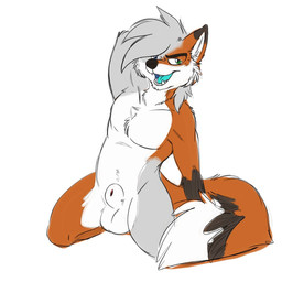 animal_genitalia anthro athletic balls blue_eyes blue_tongue dipstick_tail fur genitals green_eyes grey_body grey_fur heterochromia kneeling looking_at_viewer male markings muscular nude open_mouth orange_body orange_fur pose raised_arm sheath solo tail tail_markings teeth tongue unusual_fur_pattern coolskeltal95 ruka_fawkes canid canine fox mammal 1:1 digital_media_(artwork) hi_res pinup