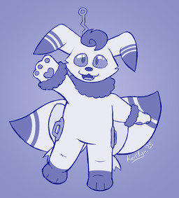 ambiguous_gender antenna_wire bow_ribbon gesture handles_on_hips looking_at_viewer multi_tail neck_tuft simple_background smile smiling_at_viewer snaggle_tooth solo tail tuft waving waving_at_viewer white_body kerilyn nintendo pokemon generation_6_pokemon meowstic pokemon_(species) 2025 blue_and_white hi_res monochrome