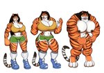 anthro base_one_layout basic_sequence big_breasts big_muscles black_hair bottomwear breast_expansion breasts clothing digitigrade expansion female footwear growth hair huge_breasts huge_muscles hyper hyper_muscles linear_sequence muscle_growth muscular muscular_anthro muscular_female nipples nude one_row_layout open_mouth orange_eyes shoes shorts simple_background solo standing three_frame_image three_frame_sequence torn_clothing white_background riddleaugust felid mammal pantherine tiger sequence