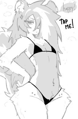 anthro bikini black_clothing black_swimwear clothing ear_piercing female flat_chested fluffy fur hair happy hip_piercing long_hair looking_at_viewer navel navel_piercing piercing skunk_tail solo swimwear tail two-piece_swimsuit yabeweny tap_me michelle_(yabeweny) mammal mephitid skunk absurd_res black_and_white hi_res monochrome portrait three-quarter_portrait