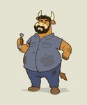 anthro beard belly bottomwear clothing facial_hair male overweight overweight_male pants shirt simple_background solo topwear guayodraws fermin_(julio_&_poncho) bovid bovine cattle mammal 2023