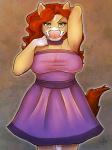 amber_eyes anthro big_breasts biped breasts brown_body brown_fur clothing dress ear_piercing female fur hair hand_behind_head long_hair looking_at_viewer piercing pink_nose red_hair smile solo standing tan_body tan_fur white_body white_fur year kaylii anne_(kaylii) bovid bovine cattle mammal 2013 3:4 signature