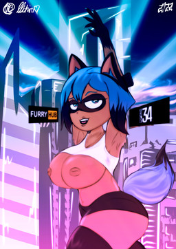 anthro big_breasts bottomwear breasts clothed clothing eyebrows female furgonomics hands_above_head huge_breasts legwear lips looking_at_viewer miniskirt open_mouth open_smile raised_clothing raised_eyebrow raised_shirt raised_topwear shirt skirt smile solo tail tail_through_skirt tank_top thigh_highs topwear urbanica brand_new_animal studio_trigger michiru_kagemori canid canine mammal raccoon_dog tanuki absurd_res hi_res